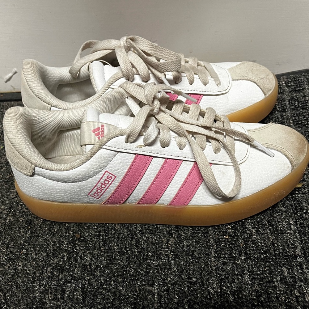 Adidas White Sneakers with Pink Stripes and Gum Sole